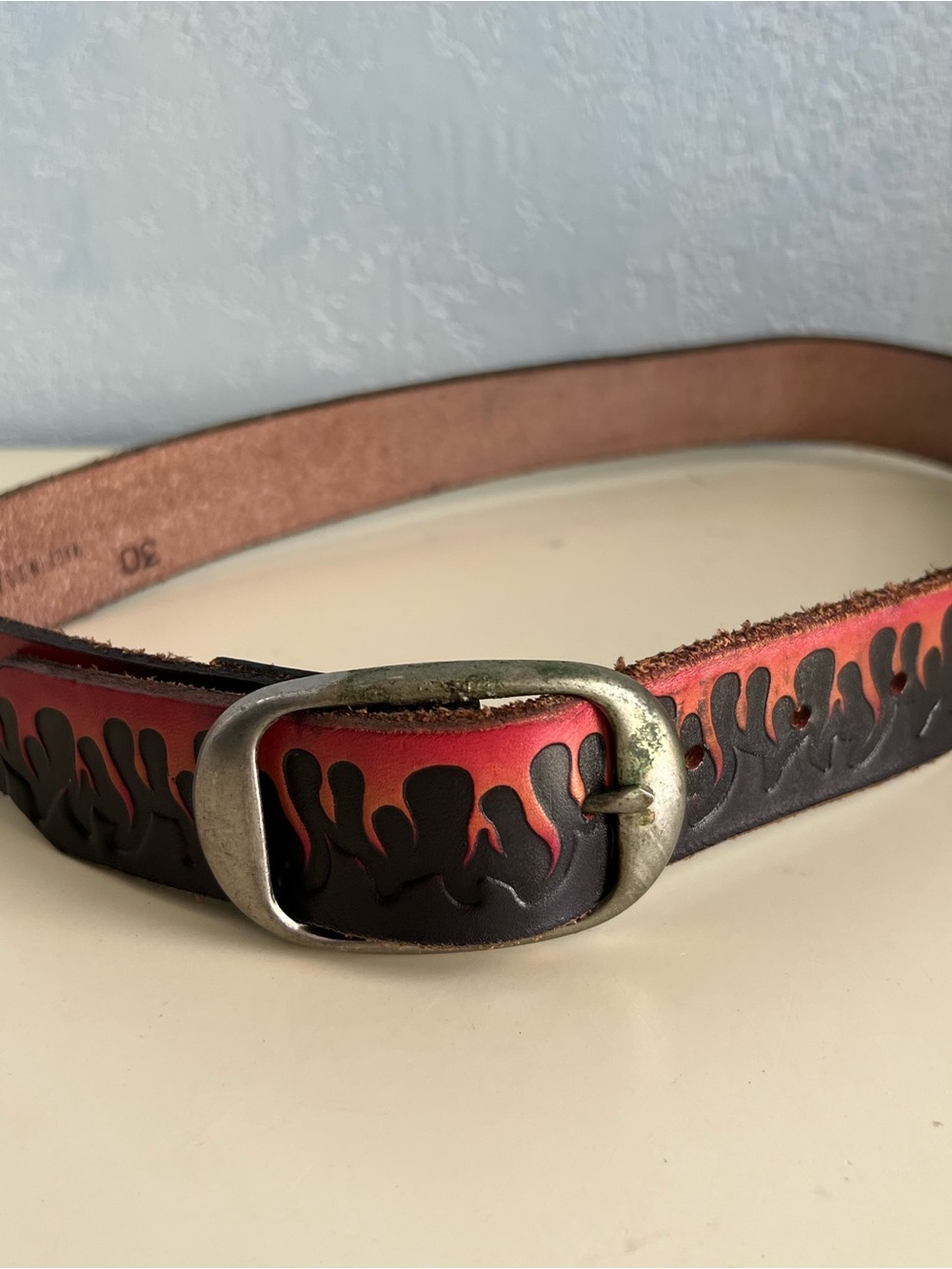 Y2K Flame Leather Belt Red Black Tooled Western Biker Belt Size 30 Made in USA - Picture 2 of 7